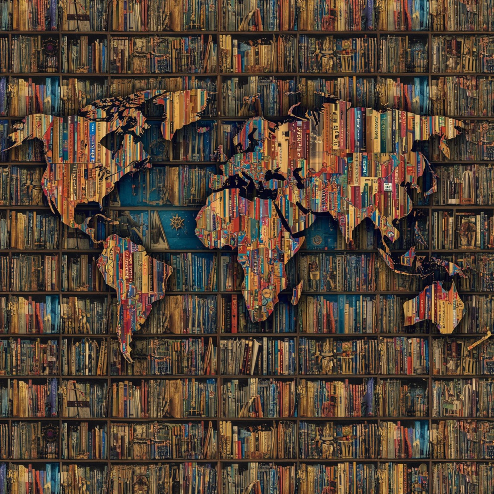 bookshelf with worldmap and lots of books image